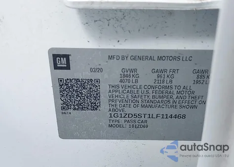 2020 Chevrolet Malibu Fwd Lt z USA, uszkodzony, nr VIN 1G1ZD5ST1LF114468